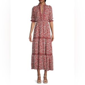 Max Studio - Collared V-Neck Short Smocked Sleeve Tiered Ruffle Maxi Dress - L